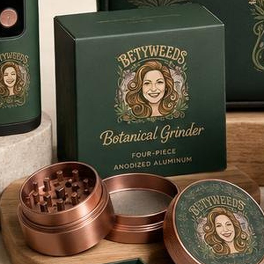 Botanical Grinder da linha Betyweeds — Moedor de quatro partes em alumínio anodizado, com coletor de pólen.